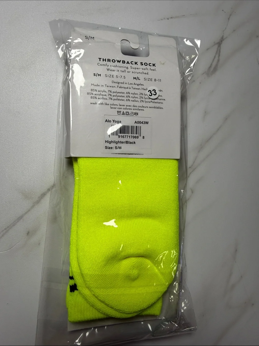 ALO Yoga Women’s Throwback Sock Highlighter Black S/M 5-7.5 NWT